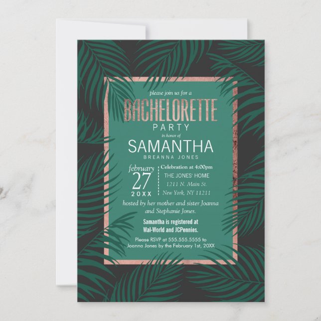 Invitation Bachelorette d'or en feuilles de palmier vert Rose (Devant)