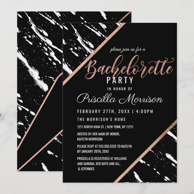 Invitation Bachelorette d'or Rose en marbre blanc noir modern (Devant / Derrière)