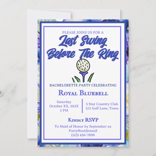 Invitation Bachelorette Fête des mariées Golf Blue Flowers (Devant)