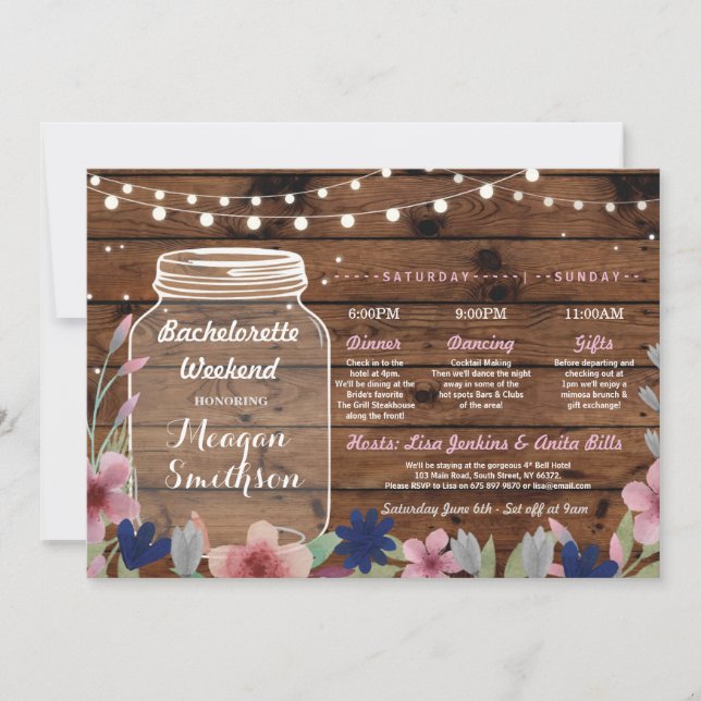 Invitation Bachelorette Fête des mariées Itinéraire Jar Wood (Devant)