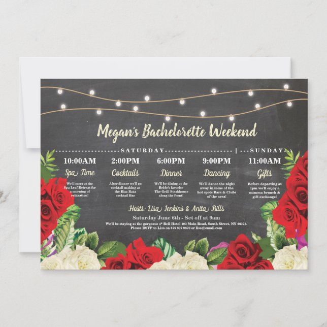 Invitation Bachelorette Fête des mariées Itinéraire Roses rou (Devant)