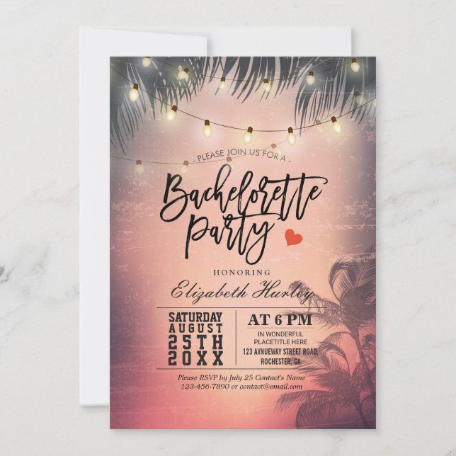 Invitation Bachelorette Fête Summer Beach Palm Trees Lumières (Devant)