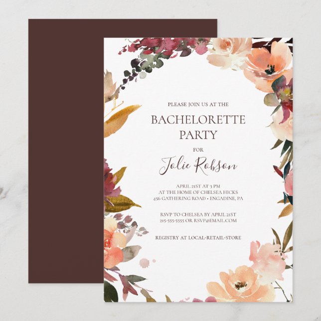Invitation Bachelorette Florale Bourgogne (Devant / Derrière)