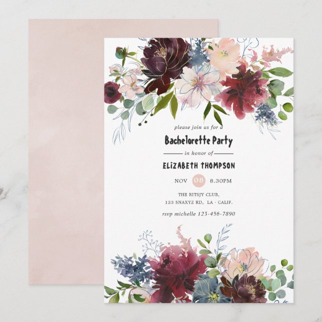 Invitation Bachelorette Florale Bourgogne et Blush (Devant / Derrière)