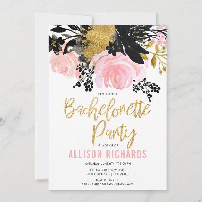 Invitation Bachelorette florale noire noire (Devant)