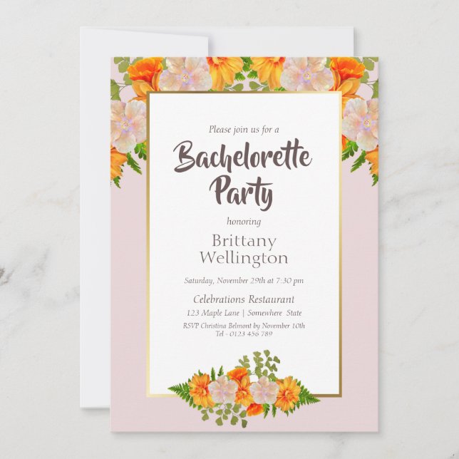 Invitation Bachelorette Florale rose Orange (Devant)