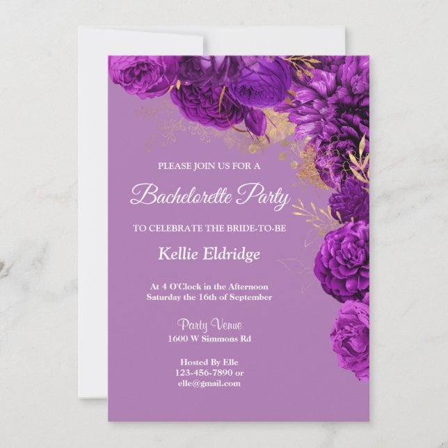 Invitation Bachelorette Florale Violet Et Or (Devant)