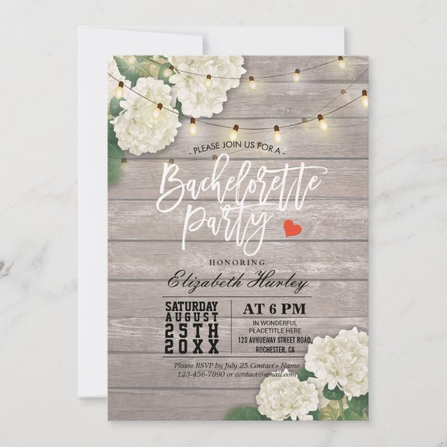 Invitation Bachelorette Flower String Lumière Bois rustique (Devant)