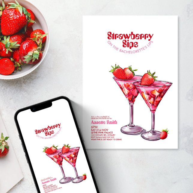 Invitation Bachelorette Fraise Sips Cocktail Pink Party (Strawberry cocktail bachelorette party invitation pink red watercolor modern  retro bride hen night)