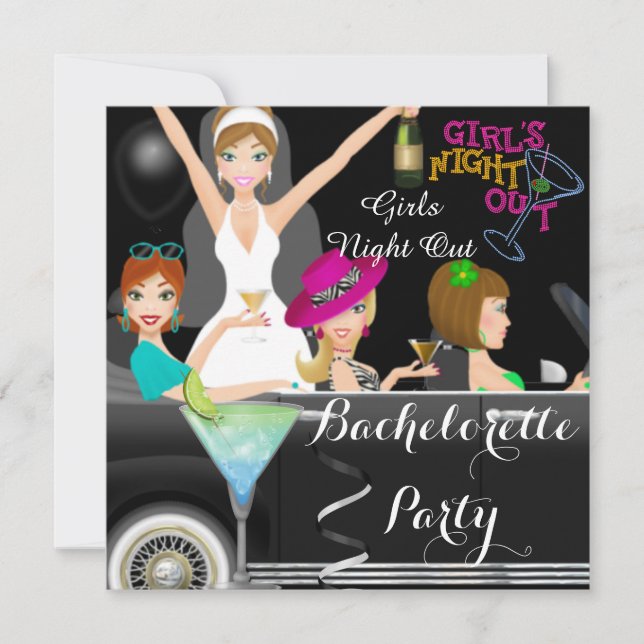 Invitation Bachelorette Fun Limo Car Cocktails (Devant)