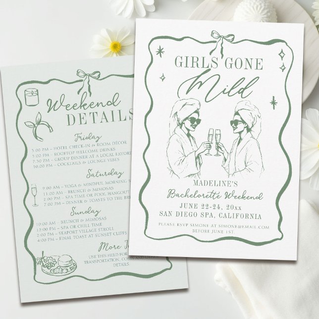 Invitation Bachelorette Girls Gone Mild Green Bow Itinéraire (girls gone mild invitation bachelorette weekend itinerary sage green spa bow frame)