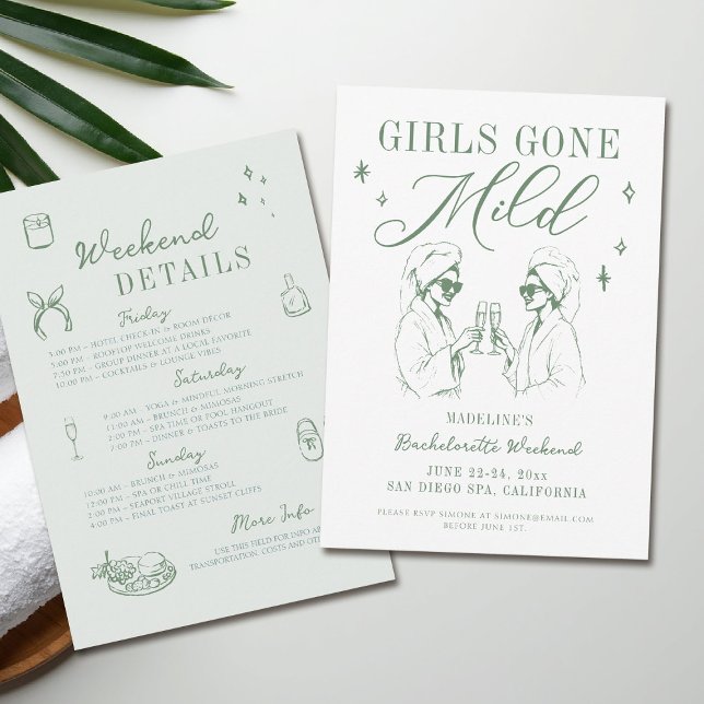 Invitation Bachelorette Girls Gone Mild Sage Vert Itinéraire (girls gone mild invitation bachelorette weekend itinerary sage green spa hand drawn)