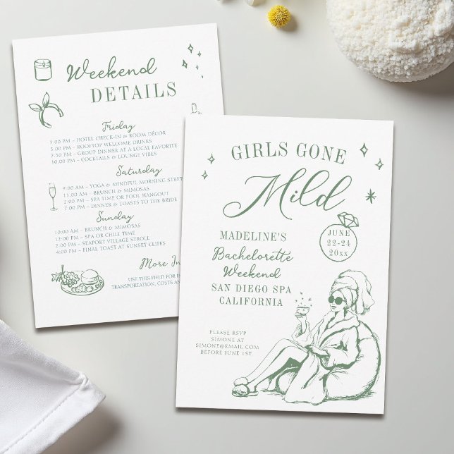 Invitation Bachelorette Girls Gone Mild Script Green Drake (girls gone mild invitation bachelorette weekend itinerary sage green spa hand drawn script doodle)