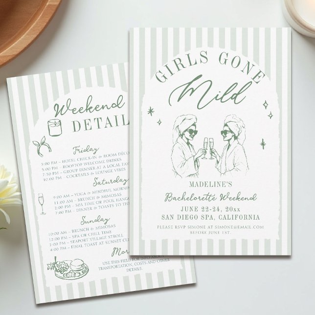 Invitation Bachelorette Girls Gone Mild Stripes Arch Sage (girls gone mild invitation bachelorette weekend itinerary sage green spa arch stripes)