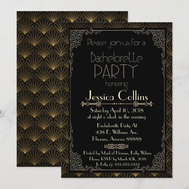 Invitation Bachelorette Gold Art Déco (Devant / Derrière)