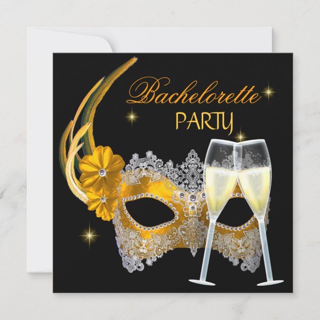 Invitation Bachelorette Gold Mask Champagne Noir (Devant)
