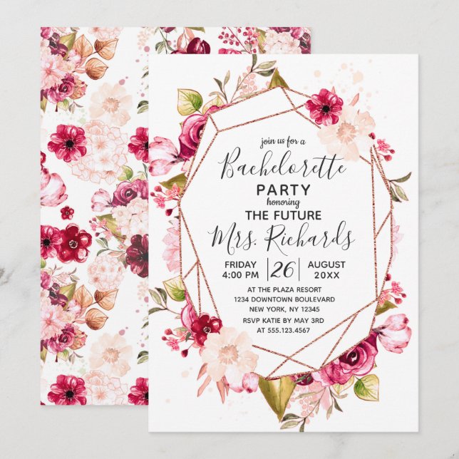Invitation Bachelorette Gold Rose de Bourgogne (Devant / Derrière)