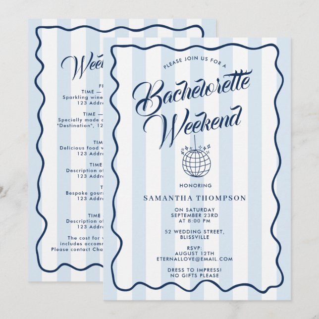 Invitation Bachelorette Itinerary Bach Weekend Disco Party (Devant / Derrière)