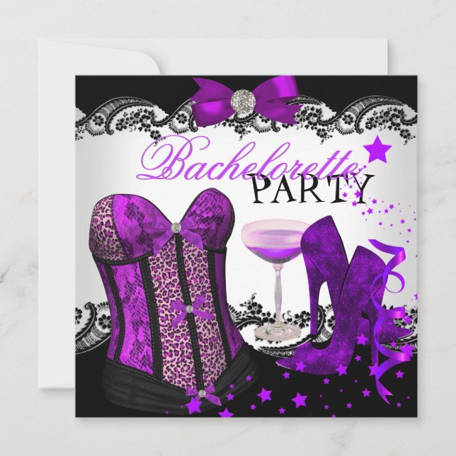 Invitation Bachelorette Leopard Champagne Corset Violet (Devant)