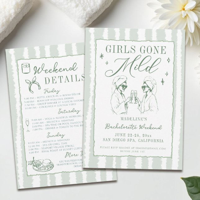 Invitation Bachelorette Les Filles Sont Passées À Main Douce  (girls gone mild invitation bachelorette weekend itinerary sage green spa hand drawn stripes)