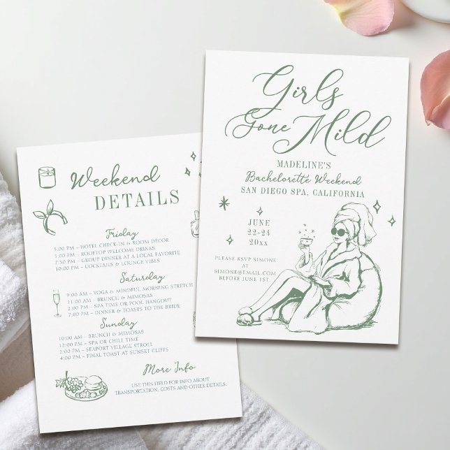 Invitation Bachelorette Les Filles Sont Passées Léger Script  (girls gone mild invitation bachelorette weekend itinerary sage green spa hand drawn script)