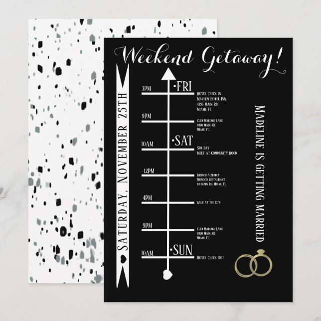 Invitation Bachelorette Noir et Blanc Weekend Getaway (Devant / Derrière)