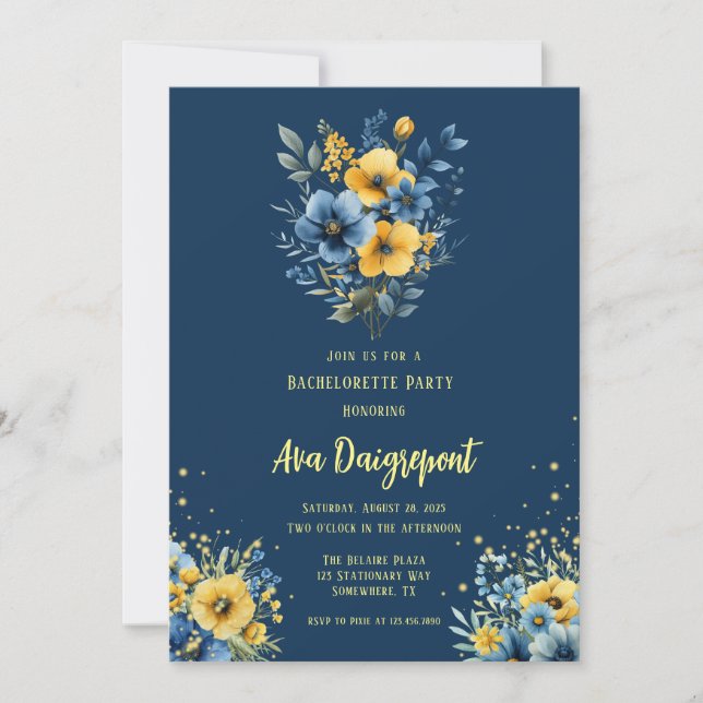 Invitation Bachelorette or bleu bleu bleu jaune de la marine (Devant)