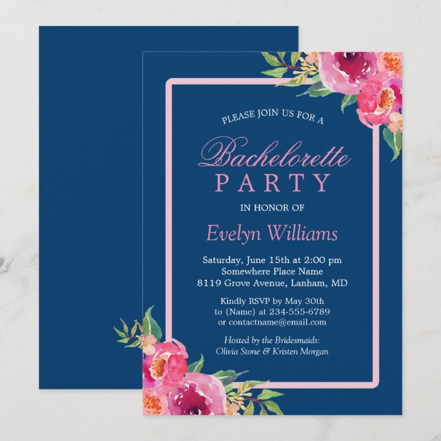 Invitation Bachelorette Parti Marine bleu violet rose floral (Devant / Derrière)