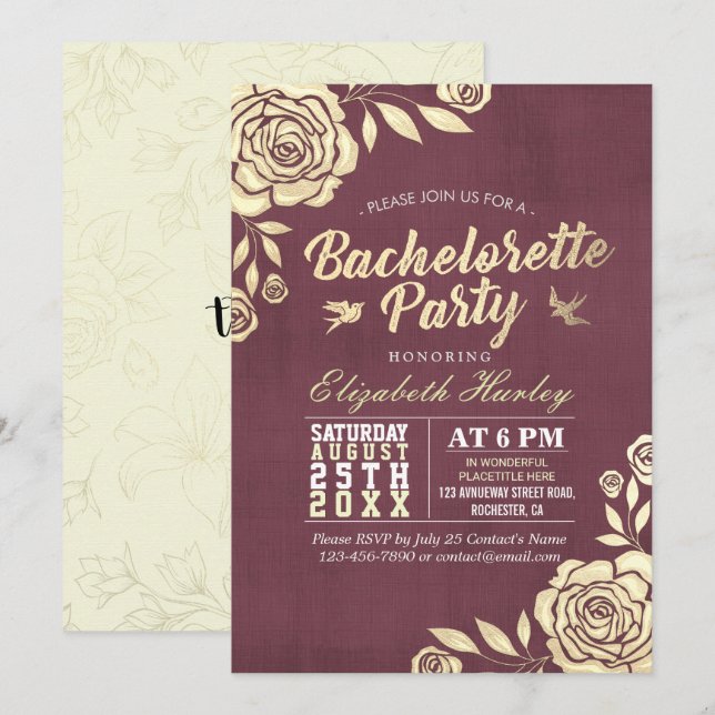 Invitation Bachelorette Parti moderne Golden Rose Bourgogne R (Devant / Derrière)