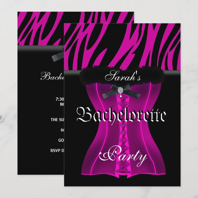 Invitation Bachelorette Parti rose Zèbre noir Corset (Devant / Derrière)