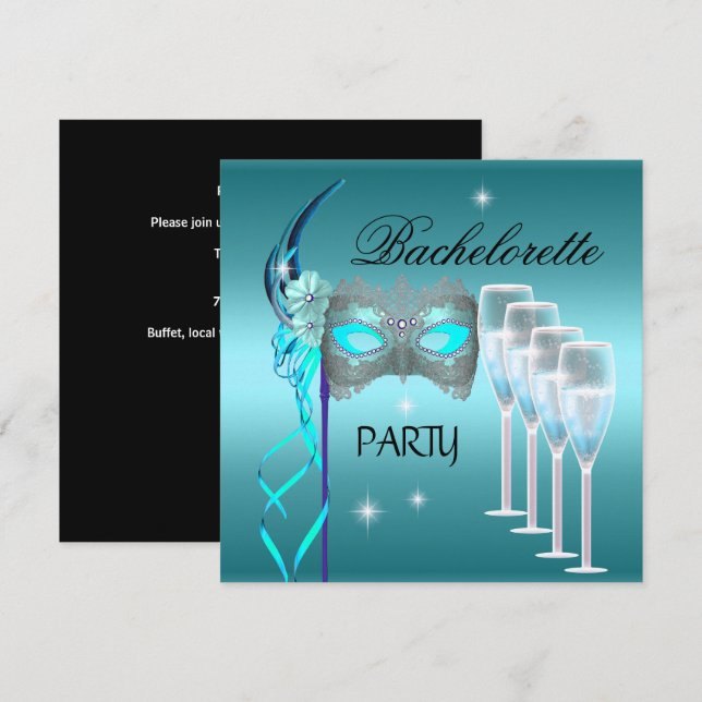 Invitation Bachelorette Partie Turquoise Masque Bleu Champagn (Devant / Derrière)