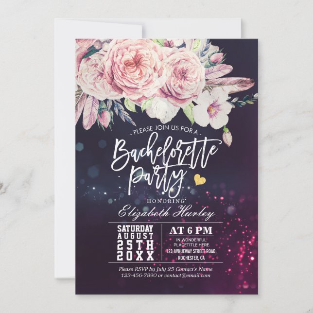 Invitation Bachelorette Party Aquarelle Boho Floral Feather (Devant)