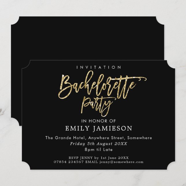 Invitation Bachelorette Party Black Gold Script Typographie (Devant / Derrière)