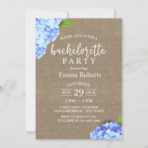 Invitation Bachelorette Party Blue Hydrangea Rustique Burlap