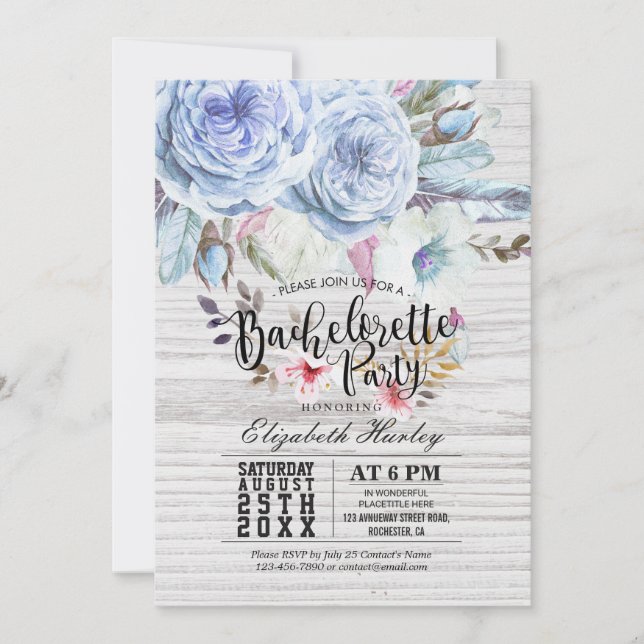 Invitation Bachelorette Party Boho Plumes florales Bois rusti (Devant)