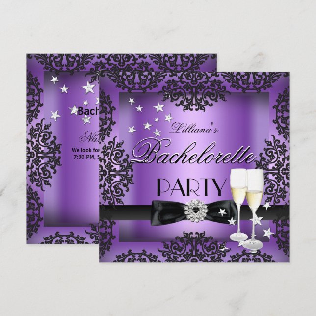 Invitation Bachelorette Party Champagne noir violet (Devant / Derrière)