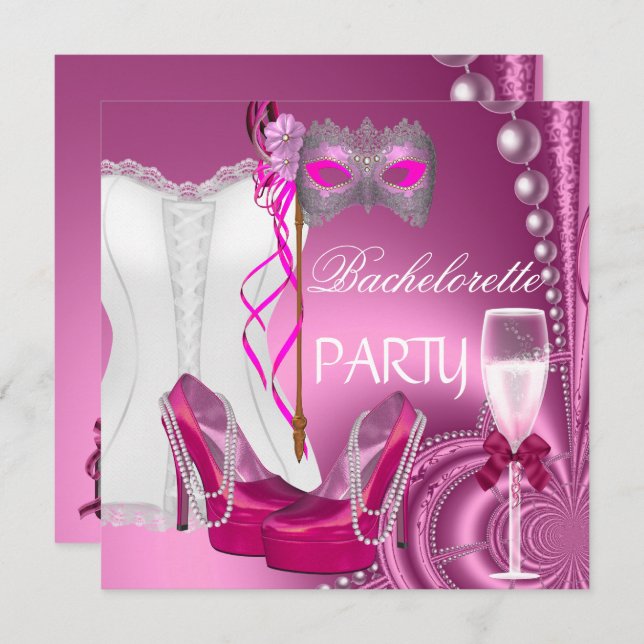 Invitation Bachelorette Party Corset Chaussures roses masque (Devant / Derrière)