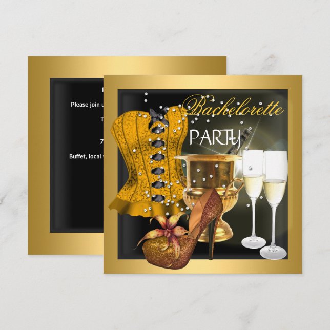 Invitation Bachelorette Party Gold Black Corset Chaussures (Devant / Derrière)