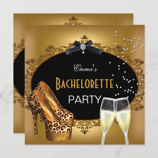 Invitation Bachelorette Party Gold Leopard Black Chaussures 2 (Devant / Derrière)