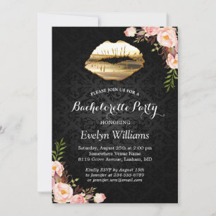 Invitation Bachelorette Party Gold Lips Damask Blush Floral