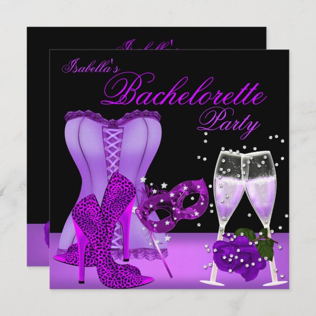 Invitation Bachelorette Party Masque violet Leopard Heel Cors (Devant / Derrière)