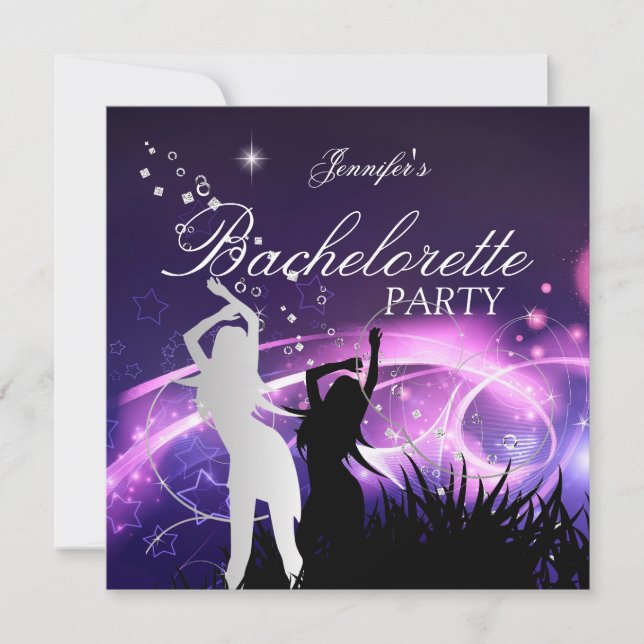 Invitation Bachelorette Party Noir violet blanc Argent (Devant)