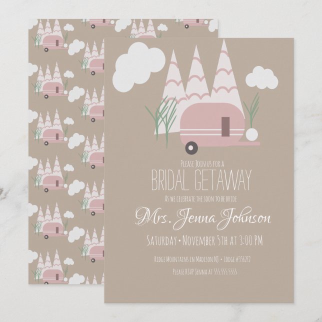 Invitation Bachelorette Party Pink Camper Mountain (Devant / Derrière)