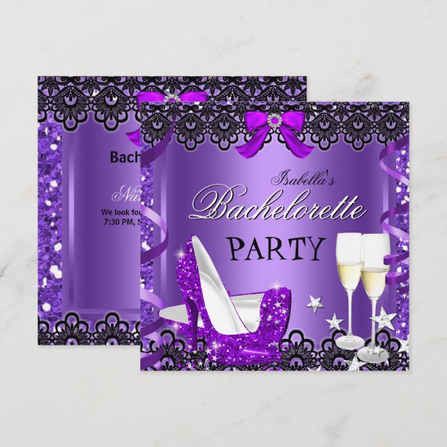 Invitation Bachelorette Party Purple High Heure Champagne (Devant / Derrière)