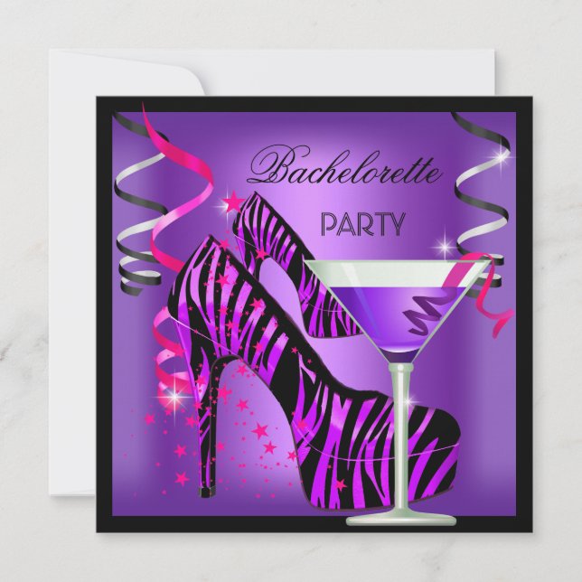 Invitation Bachelorette Party Purple Pink Zebra Cocktail (Devant)