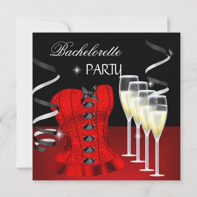 Invitation Bachelorette Party Red Corset Black Champagne (Devant)