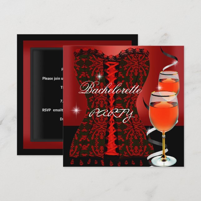 Invitation Bachelorette Party Red Corset Black Wine (Devant / Derrière)