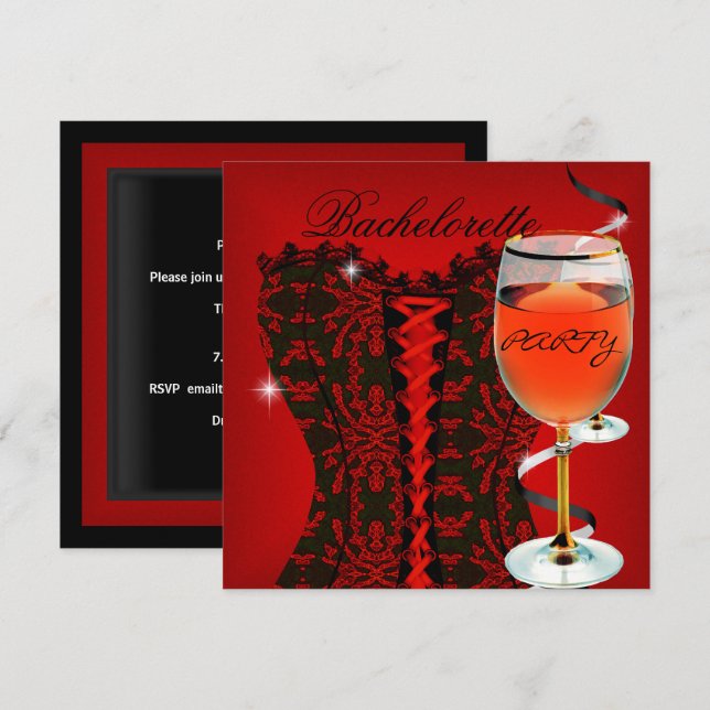 Invitation Bachelorette Party Red Corset Black Wine 2 (Devant / Derrière)