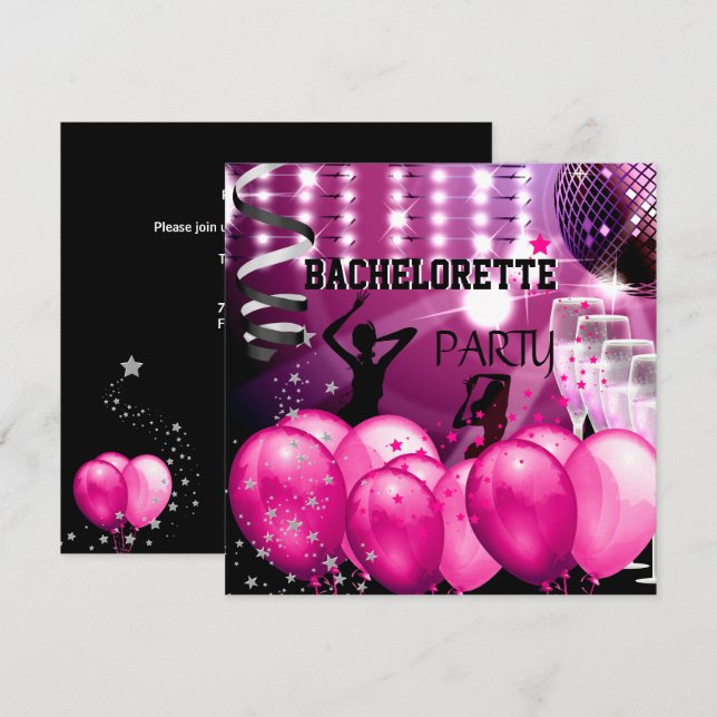 Invitation Bachelorette Party Rose Girl Disco Ball Balloons (Devant / Derrière)