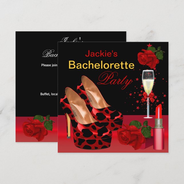Invitation Bachelorette Party Rouge Noir Chaussures Lipstick (Devant / Derrière)